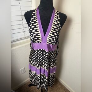 BCBG MAXAZRIA HALTER‎ SLEEVELESS DRESS PURPLE BLACK RIBBON PRINT V-NECK